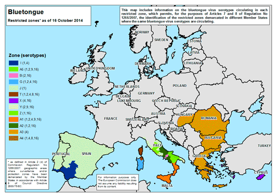 Fig.: Áreas de restricción para los diferentes serotipos de la Lengua Azul en Europa a 16/10/2014. Fuente: Comisión Europea.