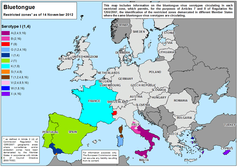 Áreas de restricción para los diferentes serotipos de la Lengua Azul en Europa a fecha de 14 de noviembre de 2012