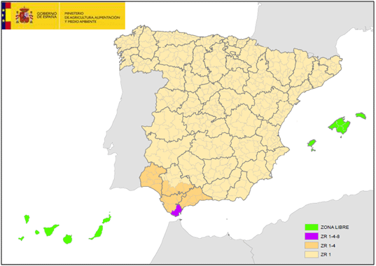 Zonas de restriccion Lengua Azul en España a fecha de noviembre 2012