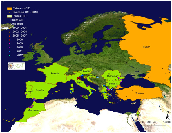 Brotes de West Nile en caballos en Europa y la cuenca mediterránea desde 1999 hasta 2012. 
