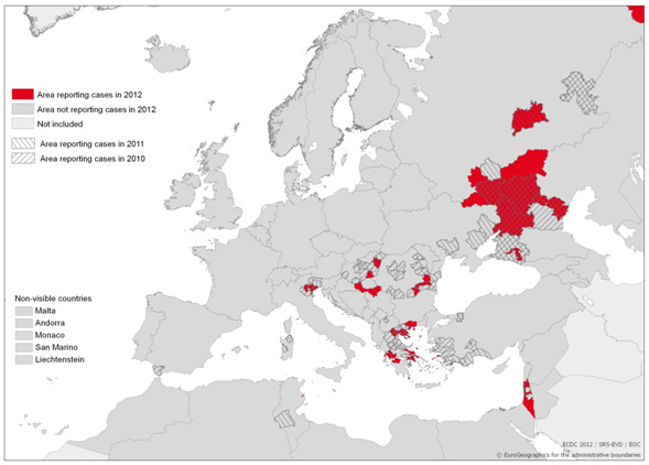 Casos notificados de West Nile en humanos en Europa durante 2012