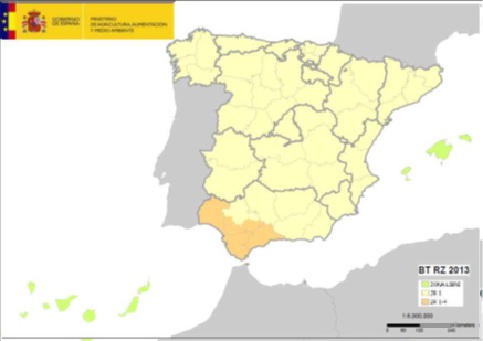  Distribución de las zonas de restricción respecto a la lengua azul en España a fecha de diciembre 2013
